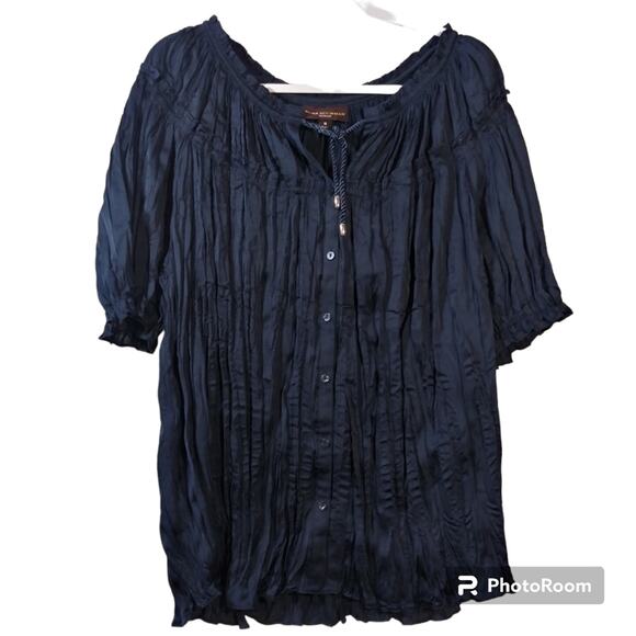 Dana Buchman Navy Blue Crinkle Short Sleeve Button Front Blouse Tie Neck Size 1X - Picture 1 of 7